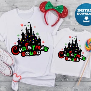 May include: White t-shirts with a black silhouette of a castle with Christmas lights and the text "Christmas Squad".