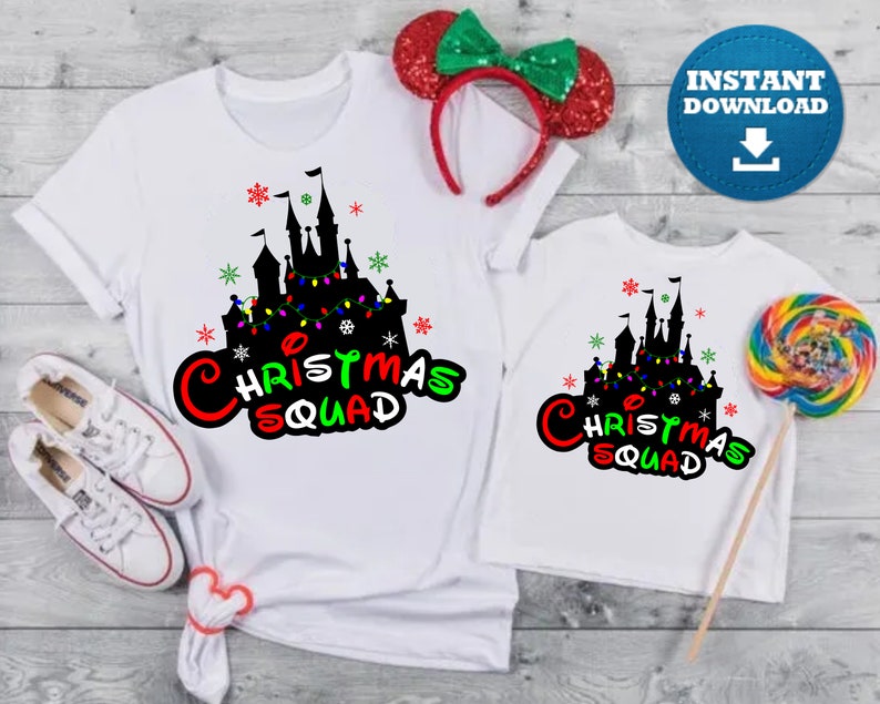 May include: White t-shirts with a black silhouette of a castle with Christmas lights and the text "Christmas Squad".