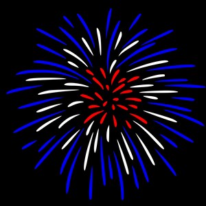 Può includere: Un fuoco d'artificio rosso, bianco e blu che esplode nel cielo notturno. Il fuoco d'artificio è un'esplosione di luce e colore, con un centro a forma di stella.