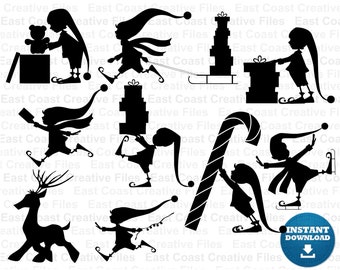May include: A set of ten black silhouette Christmas elf and reindeer SVG cut files. The elves are carrying gifts, candy canes, and a sled. One elf is ice skating. A reindeer is walking.