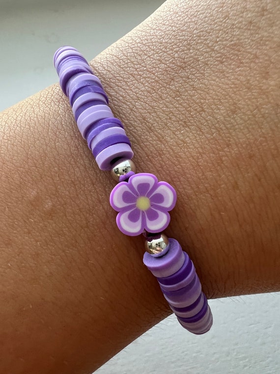 Purple and Black 10mm Bead Bracelet, Hand Formed Polymer Clay Beads,  Stretch Bracelet, Gift for Her, Dangle Heart Charm, Orchid Colors 