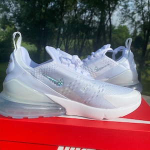 Women&#39;s Nike Air Max 270 White & White Sneakers Blinged Out With Crystals Custom Bling Nike Shoes, Wedding shoes