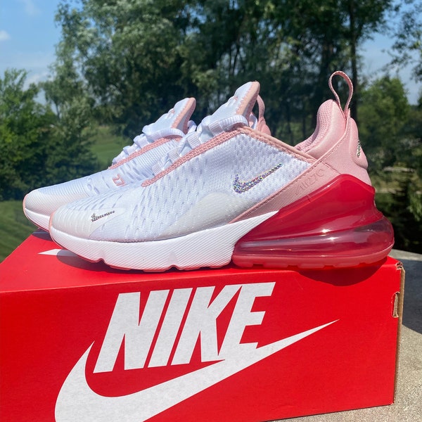 Women's Nike Air Max 270 White/Glaze Pink Blinged Out With Crystals Custom Bling Shoes