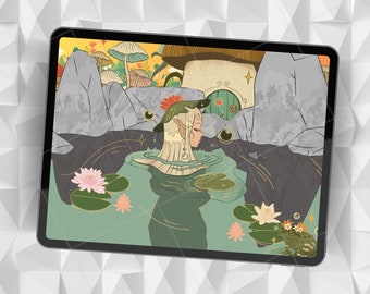 Mushroom Fairy Garden digital wallpaper: One enchanted-forest, fairytale background. Cute fae-inspired, fantasy-art lock-screen.