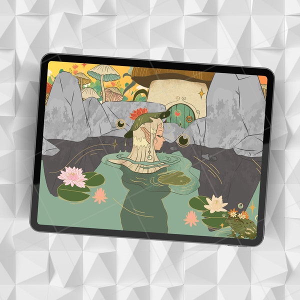 Mushroom Fairy Garden digital wallpaper: One enchanted-forest, fairytale background. Cute fae-inspired, fantasy-art lock-screen.