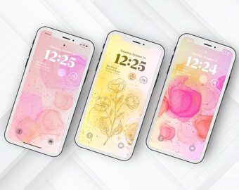 Abstract Cute iPhone Wallpaper | Three Color-Splotched  Phone Background | Flower Digital Download | Pink and Yellow Flower Lock-Screens