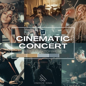 Puede incluir: Un collage de imágenes que muestran un concierto con varias personas, incluyendo una mujer tocando un teclado, un hombre cantando en un micrófono, una mujer bailando y un hombre tocando una guitarra. El texto "CINEMATIC CONCERT MOBILE & DESKTOP PRESETS" se muestra en el centro de la imagen.