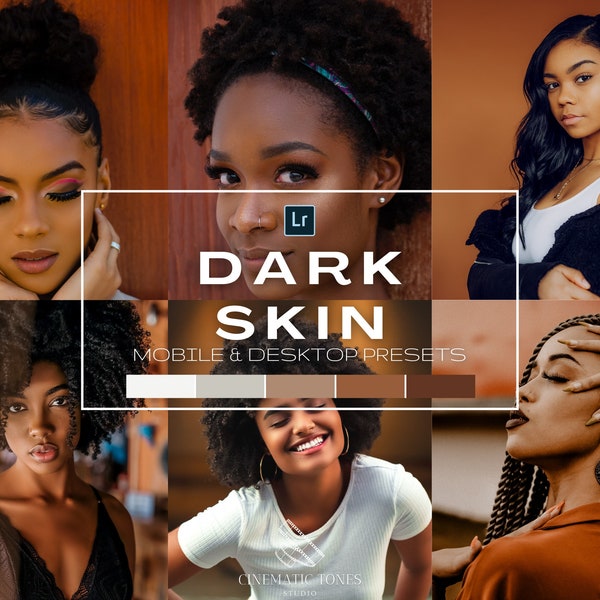 20 Lightroom presets for dark skin for mobile and desktop, dark skin presets, brown skin presets, black skin filters, melanin photo filters