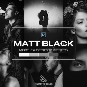 Puede incluir: Una imagen en blanco y negro que muestra una colección de ajustes preestablecidos de Lightroom llamados "Matt Black: Mobile & Desktop Presets" de Cinematic Tones Studio. La imagen presenta varias fotos en blanco y negro de personas y naturaleza.