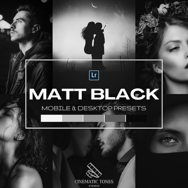 20 Black and white presets for Lightroom mobile and desktop, monochrome presets, b&w filters, contrast matte black preset, bw preset