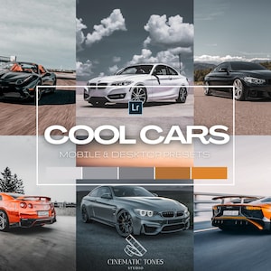 May include: A collage of images featuring different luxury cars, including a red Ferrari, a white BMW, a black BMW, a gray BMW, an orange Lamborghini, and a black Nissan. The text "COOL CARS" is displayed in white letters on a gray background. The text "MOBILE & DESKTOP PRESETS" is displayed in white letters on a gray background. The text "CINEMATIC TONES STUDIO" is displayed in white letters on a gray background.