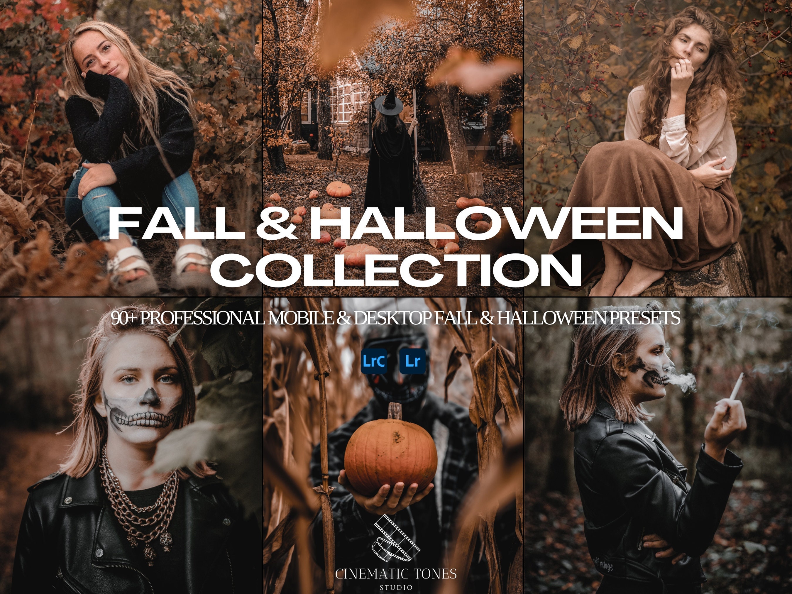 Bundel met 90+ Lightroom-presets herfst en Halloween voor mobiel en desktop, Halloween-presets, herfstpresets, griezelfilters, herfstfotofilters