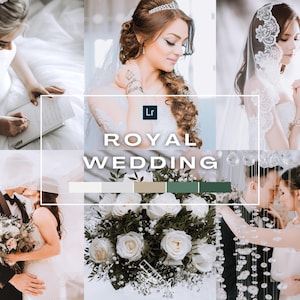 Puede incluir: Un collage de imágenes que muestran a una novia y un novio en su día de boda. Las imágenes muestran a la novia con un vestido de novia blanco, al novio con un traje negro y un ramo de rosas blancas. El texto "Royal Wedding" se muestra en el centro del collage.
