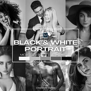 15 Black and white portrait presets for Lightroom, monochrome presets, aesthetic b&w filters, dramatic matte portrait preset, bw preset