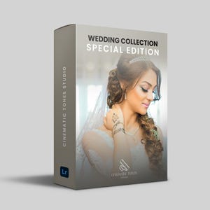 Puede incluir: Una caja con fondo blanco y el texto "Wedding Collection Special Edition" en negro. La caja presenta una foto de una mujer con un vestido de novia blanco y una tiara en la cabeza. El texto "Cinematic Tones Studio" está en el lateral de la caja.