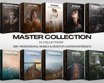 May include: A collection of 10 Lightroom preset packs for mobile and desktop, featuring a variety of colour tones and styles, including Halloween, Autumn, Wedding, Studio, Cinematic, Summer, Essentials, Green, and more.