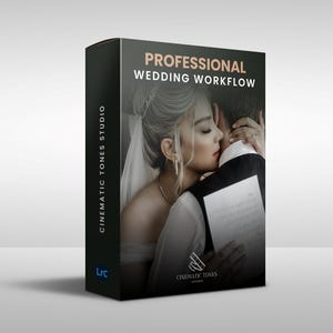 May include: A black box with the text "Professional Wedding Workflow" in white. The box features a photo of a couple embracing, with the woman wearing a white dress and the man wearing a black suit. The text "Cinematic Tones Studio" is on the side of the box.
