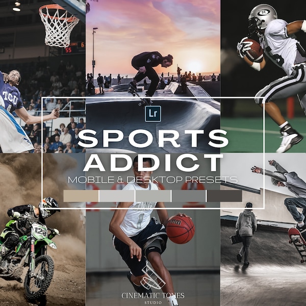 20 Lightroom sports presets for athletes, mobile and desktop presets, football presets, soccer presets, basketball presets, baseball filters