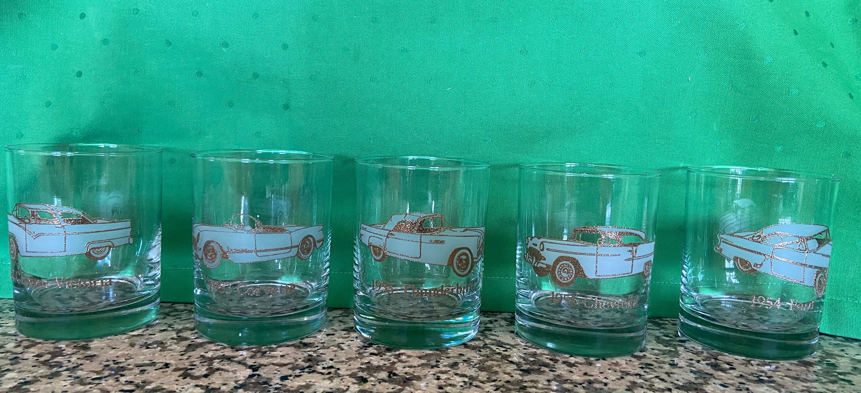 Rare Vintage Car Whiskey Glasses: 1956 Crown Victoria, 1953 Corvette, 1955 Chevrolet, 1954 Ford