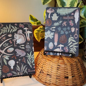 May include: Two rectangular prints featuring dark backgrounds with nature-themed illustrations. The left print displays a squirrel, deer antler, toad, and foliage. The right print shows mushrooms, ferns, feathers, and keys. Both are displayed on black wire stands.
