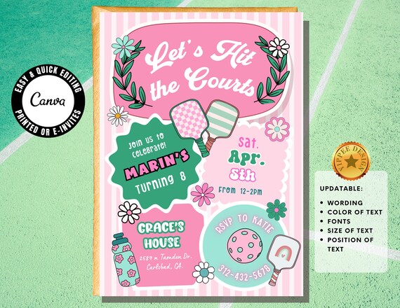 Pickleball Birthday Party Invitation Girl Pickle Ball Party Pickleball Invite Sports Party Pickleball Birthday Editable in Canva