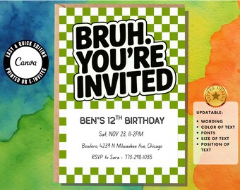 Bruh tiener jongen verjaardagsuitnodiging groen geruite jongens verjaardagsuitnodiging Tween Bruh You're Invited feestuitnodiging bewerkbaar in canva