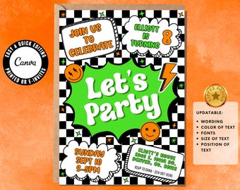 Invitación de cumpleaños para niños de cualquier edad, diseño retro neón, emoji editable en Canva, color negro, blanco, verde y naranja.