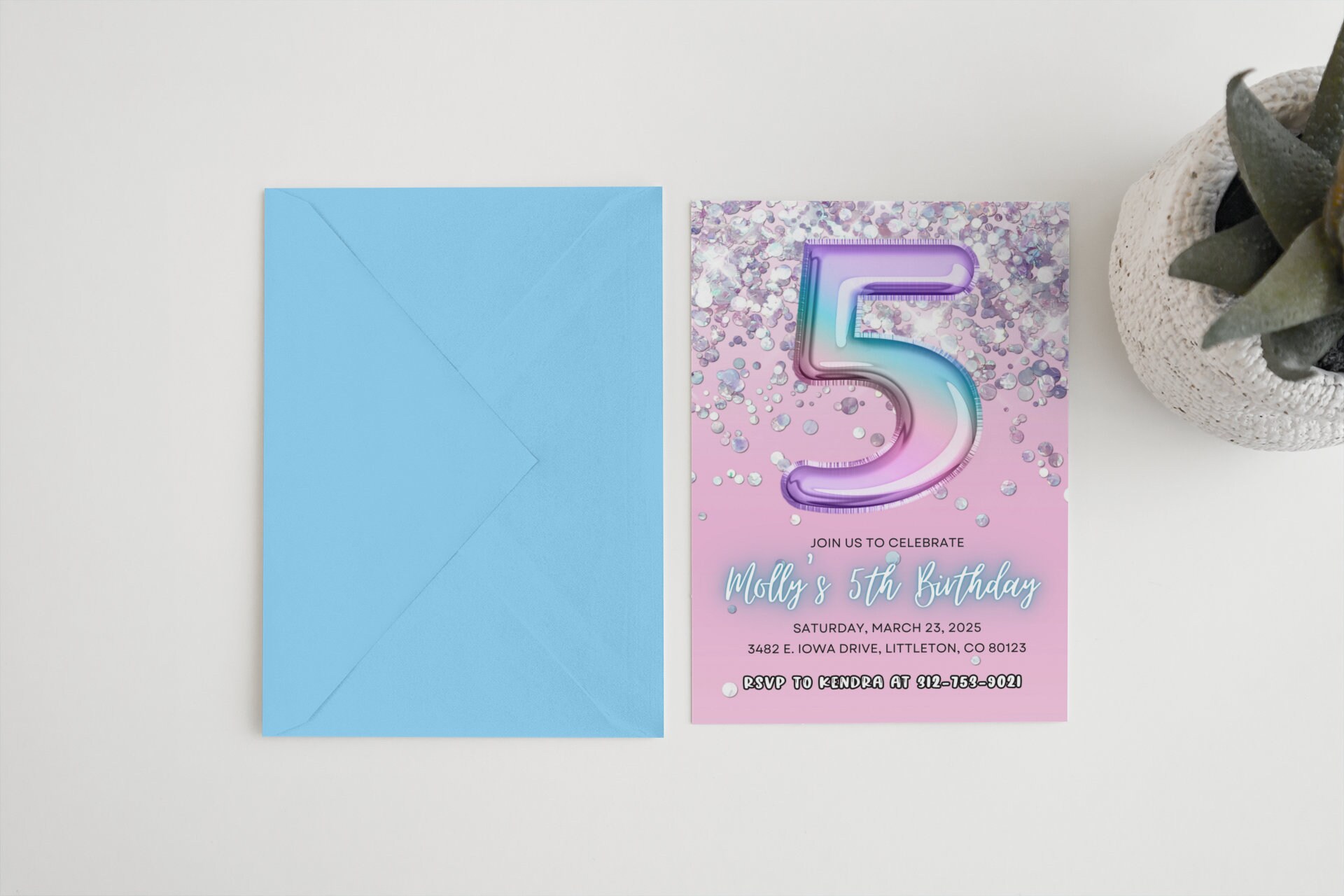 Editable 5th Birthday Invitation Template, Girls Glitter Foil Fifth ...