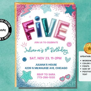 Peut inclure: Une invitation d'anniversaire colorée avec le mot "FIVE" en lettres à paillettes. L'invitation comprend le texte "Rejoignez-nous pour célébrer le 5e anniversaire de Juliana" et les détails de l'événement. Le design présente des étoiles, des cœurs et un éclair.