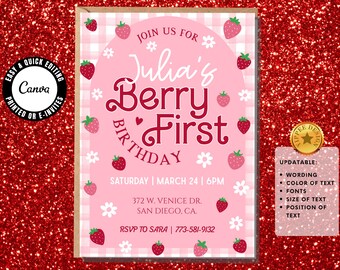 Berry eerste verjaardag 1e uitnodiging aardbei eerste verjaardagsuitnodiging digitale instant downloadsjabloon éénjarige Evite bewerkbaar in canvas