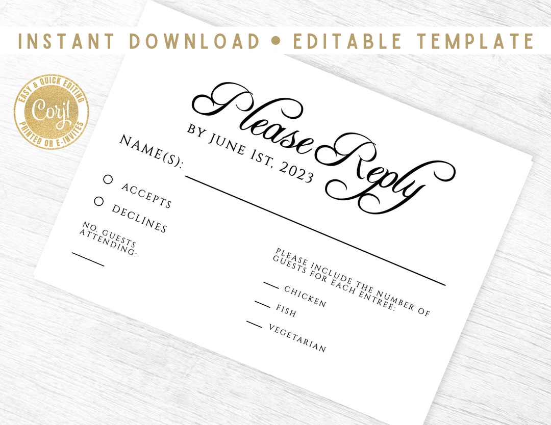 Script Wedding RSVP Cards Template Download, Editable Cards, Digital