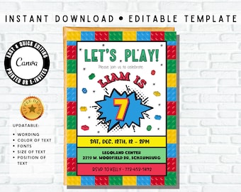May include: A colorful birthday invitation with a Lego theme. The invitation features the text "Let's Play!" and "Liam is 7". The border is designed to look like Lego bricks. The invitation includes the date, time, and location of the party.
