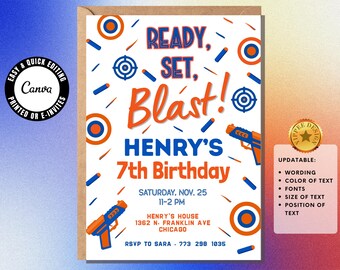 Nerf verjaardagsuitnodiging klaar set Blast Nerf partij verjaardag uitnodigen jongen Dart Gun verjaardag afdrukbare sjabloon digitale download