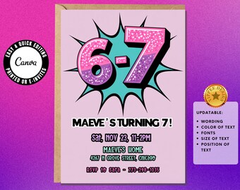 Verjaardagsuitnodiging 7e meisje 6-7 – 7e verjaardag Six Seven meisjes 7e verjaardag 67 Glow feestuitnodiging bewerkbaar in canvas paars-roze 7