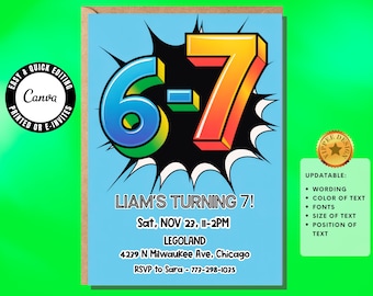 6-7 Seventh Boy Birthday Invitation – Six Seven Boys 7th Birthday Invite Glow Party Invite Editable in Canva Blue Green Orange 7