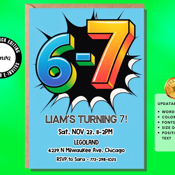 Invitación de cumpleaños para niño de 6 a 7 años – Invitación luminosa para fiesta de cumpleaños de niño de 7 años, editable en Canva (azul, verde y naranja)