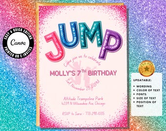 Roze verjaardagsuitnodiging springen meisje trampoline springen patch patch uitnodigen bounce party trampoline verjaardag bewerkbaar in canvas