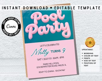 Girls Pool Party Birthday Invitation Template Pink Pool Party Invite Girls Teenage Birthday Party Digital Download Editable in Canva