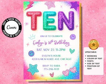 10e verjaardagsuitnodiging meisje tien Varsity-patch glitter uitnodiging tienermeisjes partij roze patch afdrukbare briefsjabloon brief tween bewerkbaar in canva
