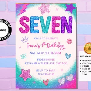 Könnte beinhalten: Eine farbenfrohe Geburtstagseinladung mit dem Wort "SEVEN" in glitzerndem Pink, Blau und Lila. Die Einladung enthält Details für Irenes 7. Geburtstag, mit Datum, Uhrzeit und Ort. Dekorative Elemente sind Sterne, Herzen und ein Blitz.