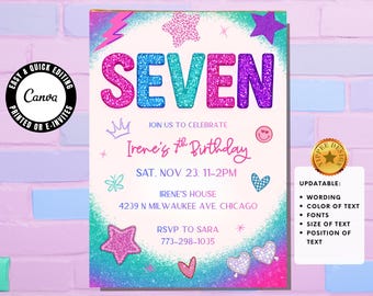 7e verjaardagsuitnodiging meisje zevende varsity patch glitter uitnodigen tienermeisjes partij roze zevende brief afdrukbare sjabloon bewerkbaar in canva