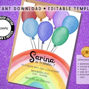 Kids Balloon Birthday Party Invitation Template Download, Digital Kids Birthday Invitation Template, Rainbow Birthday Invitation