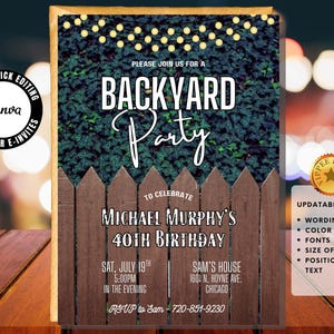 Può includere: Un invito a una festa a tema cortile. L'invito presenta il testo "Backyard Party" sopra un disegno di recinzione in legno. L'invito include i dettagli per il 40° compleanno di Michael Murphy, tra cui data, ora e luogo.