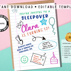 Editable Slumber Party Birthday Invitation Template, 10th, 11th, 12th, 13th, Kids Sleepover Party Invite, Printable Pajama Party Invitation