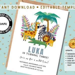 Kids Party Animals Birthday Invitation Template Digital, Editable Party Animal Invitation, Safari Birthday Party Invitation