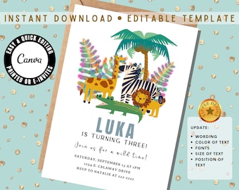 May include: Editable birthday party invitation template featuring a jungle theme with a giraffe, zebra, lion, and alligator. The text reads "Luka is turning three! Join us for a wild time!" with details for the party date, time, location, and RSVP information.