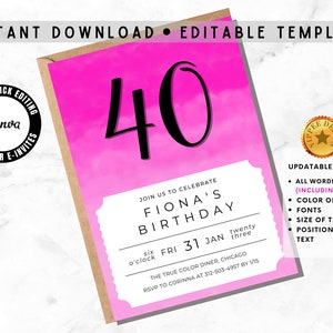 Plantilla de invitación de cumpleaños para adultos con edad, 30, 40, 50, 60, 70, descarga digital editable rosa con clase, invitación a fiesta con entradas imprimibles