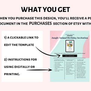 May include: The image shows a digital invitation template for a jungle-themed birthday party. The text reads "WHAT YOU GET" and details the PDF document received upon purchase, including a link to edit the template and instructions for digital or print use.