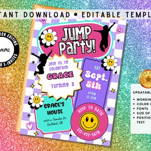 Puede incluir: Una plantilla de invitación de fiesta colorida con el texto "Jump Party!" y detalles para el cumpleaños de Grace. El diseño incluye un patrón de tablero de ajedrez, flores y figuras saltando. La plantilla es editable y de descarga instantánea.