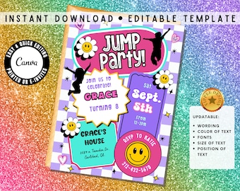 Jump Party Birthday Invitation Girl Trampoline Party Jump Party Invite Bounce Party Trampoline Birthday Editable in Canva
